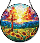 Christian Cross Suncatcher Garden Stained Glass Window Hanging, Christian Sunset Flower Sun Catchers Indoor Window Glass Round Wall Decor, Religious Wall Art Hanging Decorations, ＂7.8x7.8＂