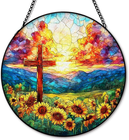 Christian Cross Suncatcher Garden Stained Glass Window Hanging, Christian Sunset Flower Sun Catchers Indoor Window Glass Round Wall Decor, Religious Wall Art Hanging Decorations, ＂7.8x7.8＂