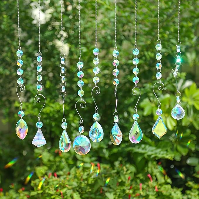 9 Pieces Sun Catchers Indoor Window Suncatcher Crystals Prisms with Chain Pendant Colorful Hanging Ornaments for Windows Chandelier Office Home Garden Decor