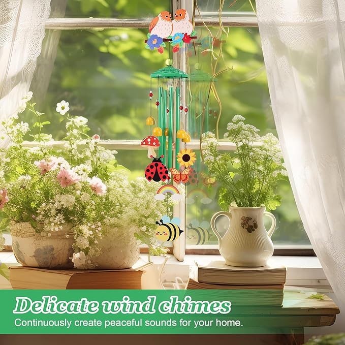 Green Hummingbird Wind Chimes for Outside Holiday Decor with Rainbow,Butterfly,Bee,Ladybug and Gift Box Metal Wind Chime for Porch Garden Patio