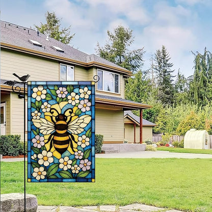 Spring Summer Garden Flag 12x18 Inch Stained Glass Bee Floral Art Nature Pollinator Design Outdoor Yard Porch Lawn Garden for Seasonal Cottage Farmhouse Home Decor