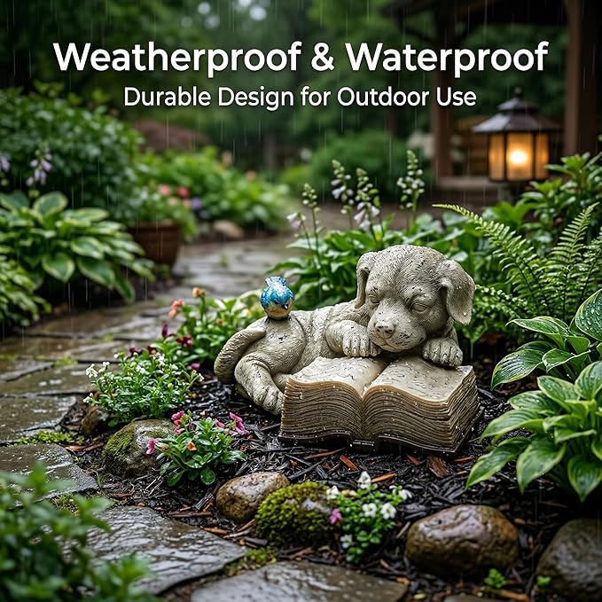 Topadorn Resin Dog Statue Solar Power Outdoor Statuary Cute Puppy for Garden Decoration, Dog Read a Book