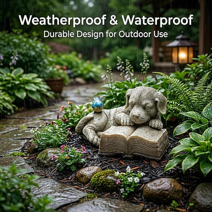 Topadorn Resin Dog Statue Solar Power Outdoor Statuary Cute Puppy for Garden Decoration, Dog Read a Book