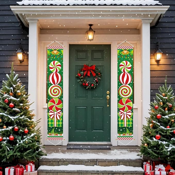 Ivenf Christmas Decorations Outdoor Yard: Large Peppermint Giftbox Front Porch Sign Set, Hanging Red Green White Door Banner Xmas Decorations for Home Wall Front Door Yard Garage Indoor Outdoor Decor