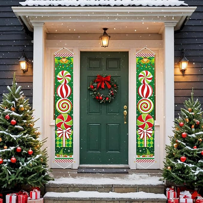 Ivenf Christmas Decorations Outdoor Yard: Large Peppermint Giftbox Front Porch Sign Set, Hanging Red Green White Door Banner Xmas Decorations for Home Wall Front Door Yard Garage Indoor Outdoor Decor