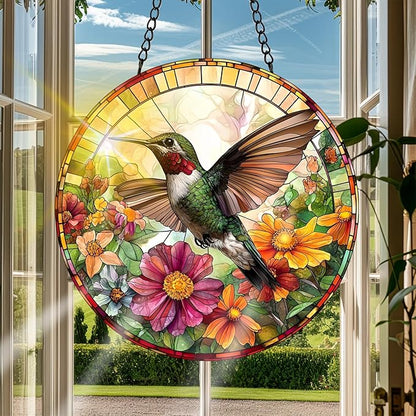 VAIIEYO Hummingbird Sun Catcher Stained Glass Window Hanging Ornament, Handmade Sun Catcher Animal Decoration with Hooks for Window Garden Home, Mother's Day & Birthday Housewarming Gift (7.8 inch)