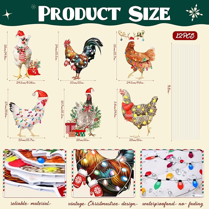 6 PCS Christmas Chicken Decorations Christmas Chicken Yard Sign with Stakes Waterproof Xmas Outdoor Yard Signs Lawn Decor for Holiday Garden Patio