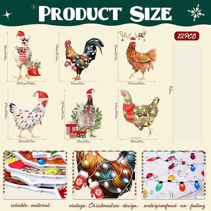 6 PCS Christmas Chicken Decorations Christmas Chicken Yard Sign with Stakes Waterproof Xmas Outdoor Yard Signs Lawn Decor for Holiday Garden Patio