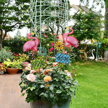 Metal Flamingo Garden Stakes Welcome Yard Sign Decorative Pink Flamingos Ornament Indoor Outdoor Party Stake Lawn Art Patio Backyard Flower Bed Decor (set of 2, S)