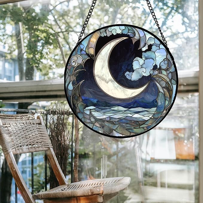 Stained Glass Window Hanging - Abstract Sea of Clouds Moon Sun Catcher for Door Terrace Garden Home Decor, Gray Blue Suncatcher Birthday Gifts for Lovers Women Men Dad Mom Nana 7.8 in