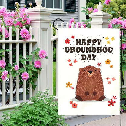 Happy Groundhog Day Garden Flag for Outdoor Spring Yard Flags Cute Groundhog Floral Banner Seasonal Welcome Banners Double Sided Weather Resistant Funny Animal Holiday Decor 12x18 Inch
