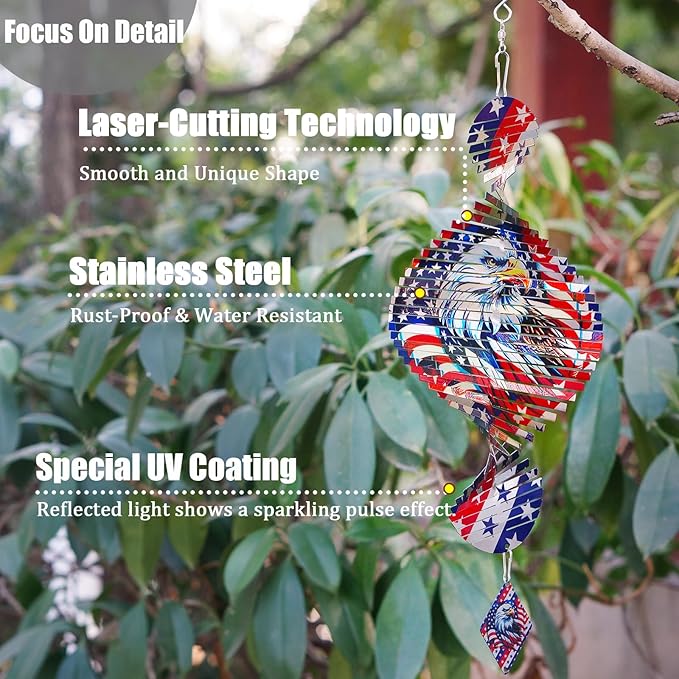 Silver American Flag Eagle Patriotic Helix Metal Wind Spinners for Yard and Garden,12 Inch 3D Stainless Steel Hanging Kinetic Yard Art Wind Sculpture Independence Day Decor