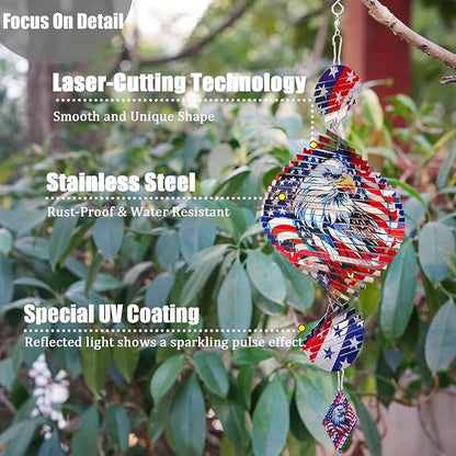 Silver American Flag Eagle Patriotic Helix Metal Wind Spinners for Yard and Garden,12 Inch 3D Stainless Steel Hanging Kinetic Yard Art Wind Sculpture Independence Day Decor