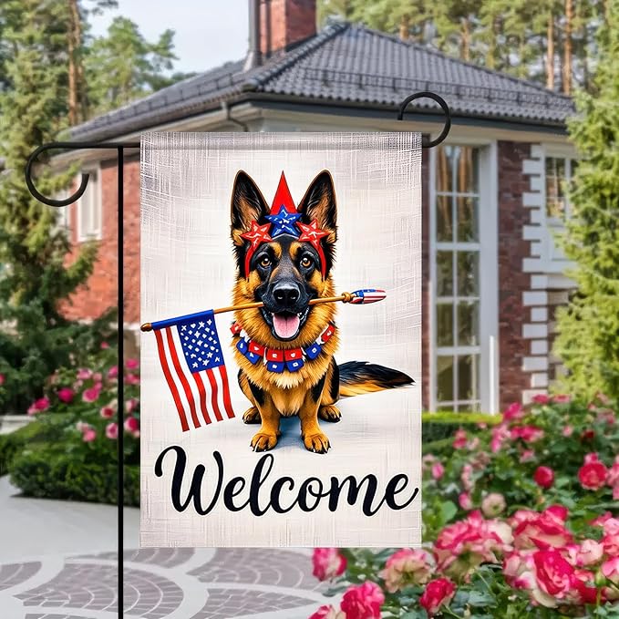BlissYard Welcome Patriotic German Shepherd Garden Flag 12x18 Inch Double Sided Vertical Polyester Small Yard Flag American Flag Dog Outdoor Decor Lawn Garden Banner 4th of July Independence Day Decoration