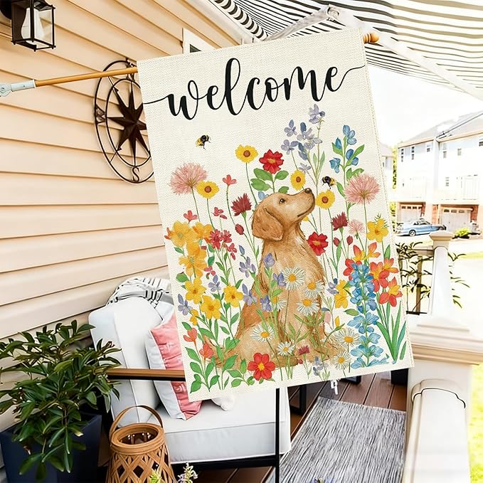 Baccessor Spring Summer Dog House Flag 28x40 Inch Double Sided Burlap, Floral Flowers Large Garden Flag Holiday Yard Porch Patio Farmhouse Outdoor Outside Decoration