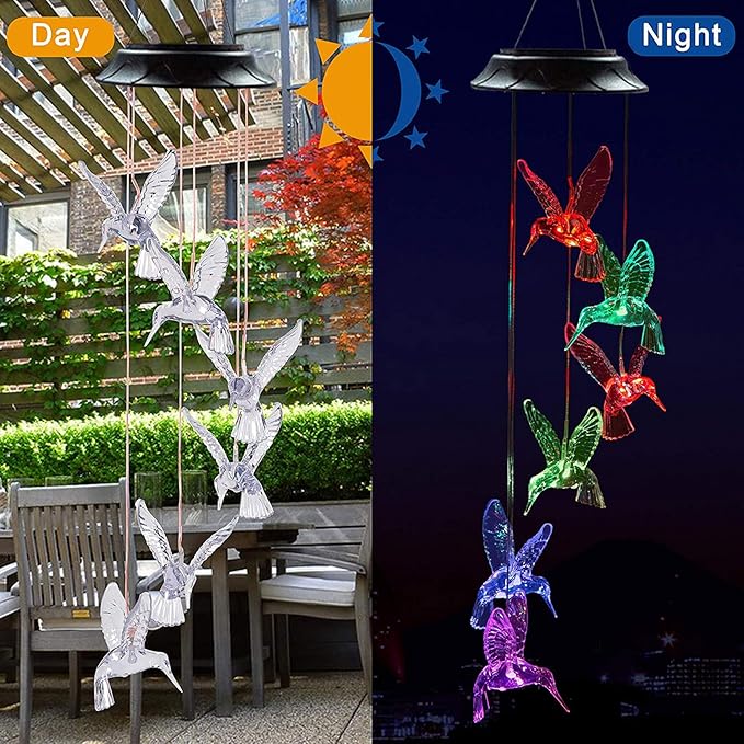 Solar Hummingbird Wind Chimes - Color Changing LED Lights, Waterproof Outdoor for Home, Yard, Night, Garden