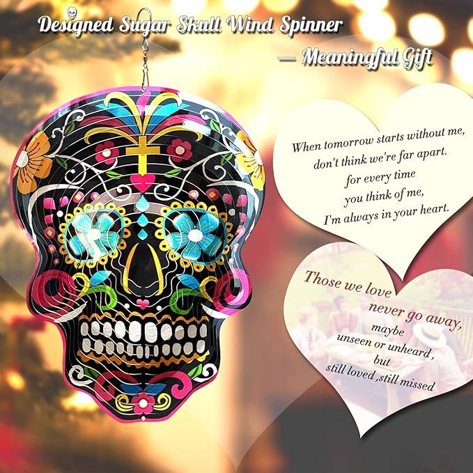 FONMY Kinetic 3D Metal Garden Wind Spinner Unique Gifts Outdoor Decorations Quality Hanging Ornament for Home and Garden 12inch Mandala Black Sugar Skull Wind Spinners