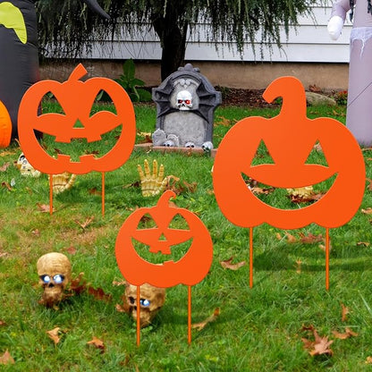 3 Pack Halloween Decorations Outdoor Metal Halloween Garden Stakes Metal Ghost Pumpkins Black Cat Yard Signs Decor for Outside Garden Lawn Porch Patio Party Decorations(Pumpkin Style)