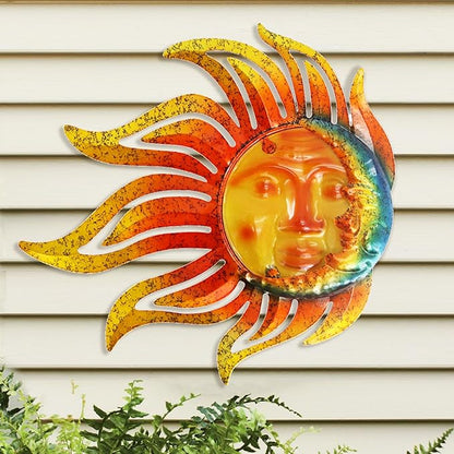 Metal Sun Moon Wall Art Decor, 12 Inch Retro Hanging Decor With Glass, Flame Sun Valentine Wall Decorations For Patio Yard Garden Fence Living Room Bedroom