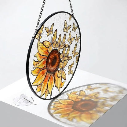 Sunflower Suncatcher Butterfly Stained Glass Suncatchers 7.87 Inch Stained Glass Ornament for Home Decor Indoor Wall Art for Mother Women Friends