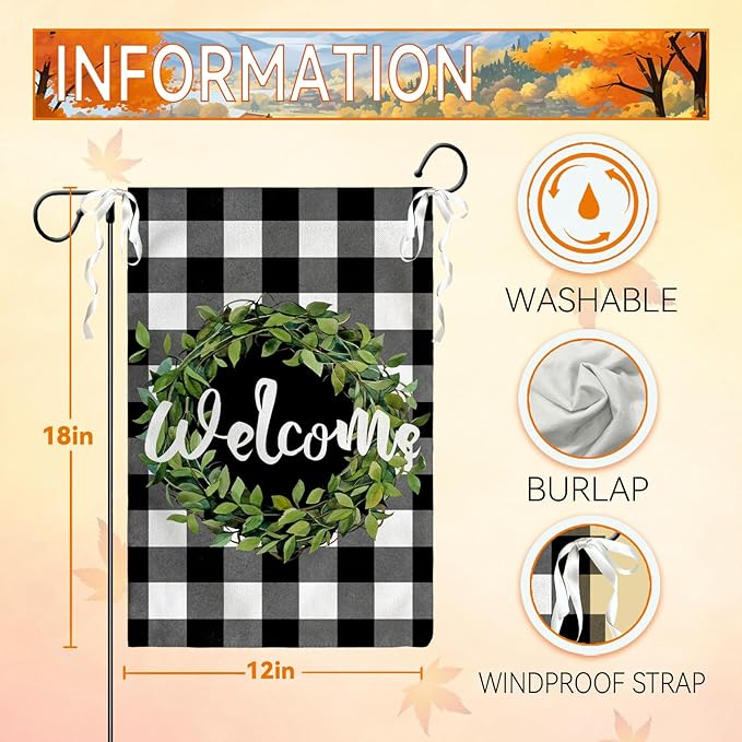 Welcome Leaves Wreath Garden Flags 12x18 Double Sided Summer Black White Buffalo Plaid Rustic Yard Flags Spring Seasonal Garden Flag Burlap Outdoor Lawn Decor
