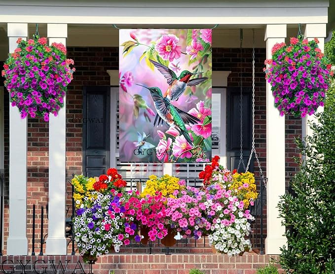 Hummingbird Spring House Flag for Outside 28x40 Inch Double Sided Floral Birds Yard Outdoor Flag for Seasonal Farmhouse Outdoor Decoration