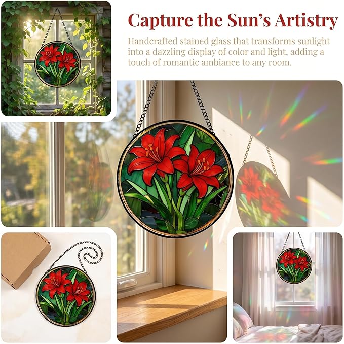 Stained Glass Window Hanging Red Lilies Suncatcher 8 Inch, Red Flower Glass Art Romantic Home Decor, Indoor Outdoor Wall Art, Birthday for Women Men