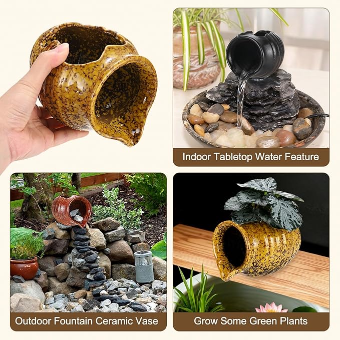 M METERXITY Ceramic Garden Fountain Spitter, Clay Pot Ecological Tank for Pond/Backyard Water Feature/Cave Waterfall/Landscaping, DIY Water Flow Jar Hydroponic Vase [5.5in, Iridescent Yellow]