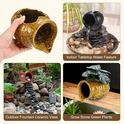 M METERXITY Ceramic Garden Fountain Spitter, Clay Pot Ecological Tank for Pond/Backyard Water Feature/Cave Waterfall/Landscaping, DIY Water Flow Jar Hydroponic Vase [5.5in, Iridescent Yellow]