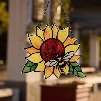 Stained Glass Suncatcher, Sunflower and Ladybug Window Hanging, Hand-Painted (Style 3)