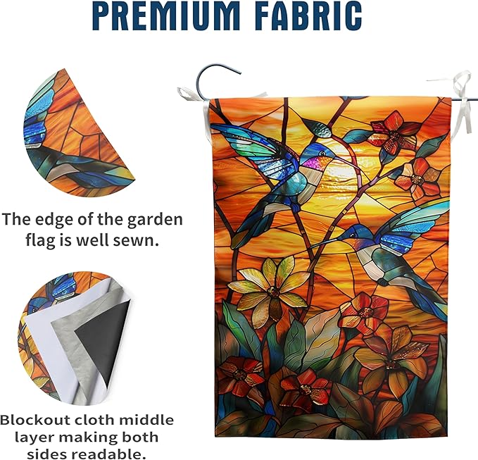 Stained Glass Hummingbird Garden Flag Spring Summer House Flag Fall Floral Decorative Yard Flags for Outside 28x40 Double Sided Large Seasonal Lawn Flags Rustic Outdoor Decor