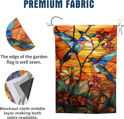 Stained Glass Hummingbird Garden Flag Spring Summer House Flag Fall Floral Decorative Yard Flags for Outside 28x40 Double Sided Large Seasonal Lawn Flags Rustic Outdoor Decor