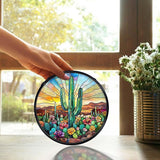 TNUW Western Cactus Stained Glass Window Hanging, Southwestern Desert Cactus Landscape Sun Catchers Indoor Window Glass Round Wall Art Decor, Western Wall Hanging Decorations, 7.9＂x7.9＂Suncatchers