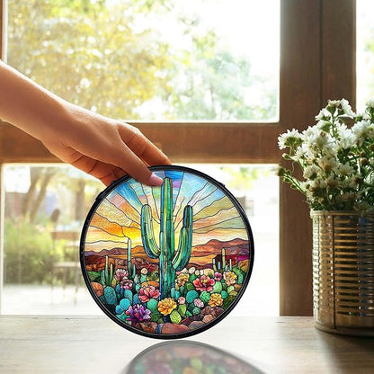 TNUW Western Cactus Stained Glass Window Hanging, Southwestern Desert Cactus Landscape Sun Catchers Indoor Window Glass Round Wall Art Decor, Western Wall Hanging Decorations, 7.9＂x7.9＂Suncatchers
