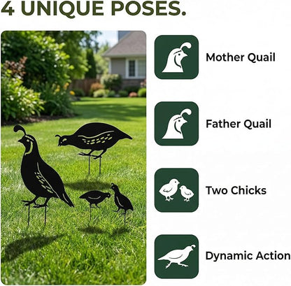 NUOBESTY 4Pcs Quail Family Garden Stakes, Metal Bird Yard Decor Decorative Garden Art Sculptures Statues for Outdoor Lawn Ornament & Patio Backyard, Bird Lover Favors for Women Mom Grandma