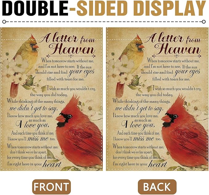 Dyrenson Memorial Cardinal A Letter From Heaven Decorative Garden Flag, Vintage Red Birds Cemetery Yard Outside Home Decoration, Retro Dogwood Flower Burlap Outdoor Small Decor Double Sided 12 x 18