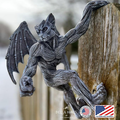 Dragon Winged Gargoyle Fence Hanger – Outdoor Wall Decor- Detailed Fence Topper Hanging Statue- Gothic Climbing Grotesque Dragon for Fence, Garden Patio, Porch (10" Gargoyle)