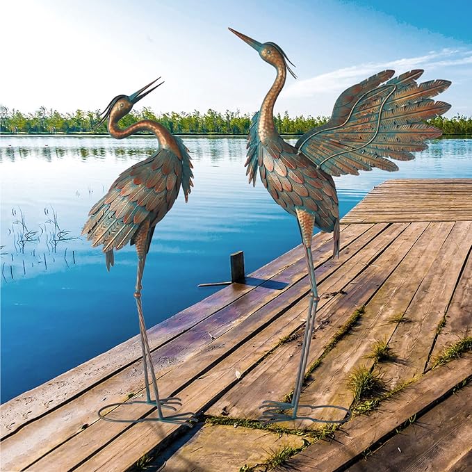 Crane Statues for Garden Decor, Metal Crane Yard Art Statues, Standing Heron Garden Sculptures & Statues for Outdoor Decorations, 38-42 Inch Set of 2, Copper