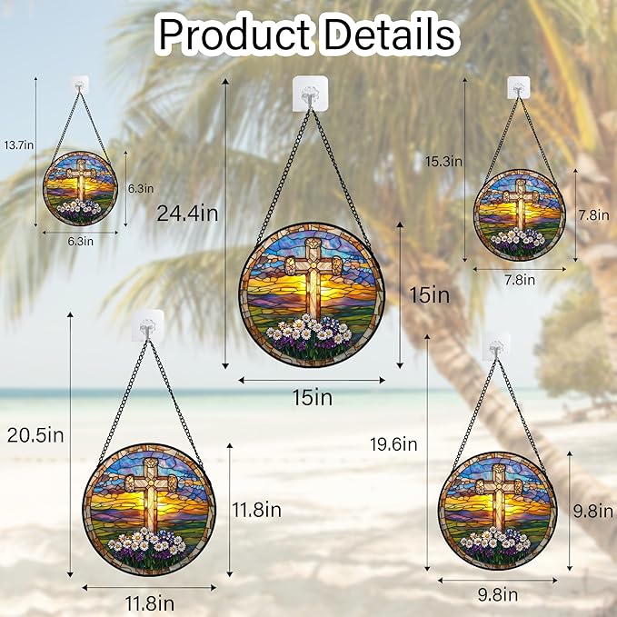DASTOLL Christian Gifts for Women - Cross Stained Glass Window Hanging Jesus Easter Daisy Grassland Sunset Sun Catcher Garden Religion Decor Mother's Day Catholic Gift for Men Grandma Nana Her 7.8"