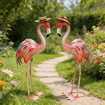 chisheen Flamingo Statues Pink Bird Art Garden Sculptures Outdoor Metal Yard Decor for Wedding Gifts Patio Lawn Porch Ornament Decoration