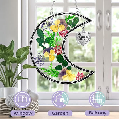 KY&BOSAM Hanging Ornament, My Precious Sister Suncatcher with Pressed Flower, Silver Heart Charm - Mother’s Day, Birthday, Christmas Gift