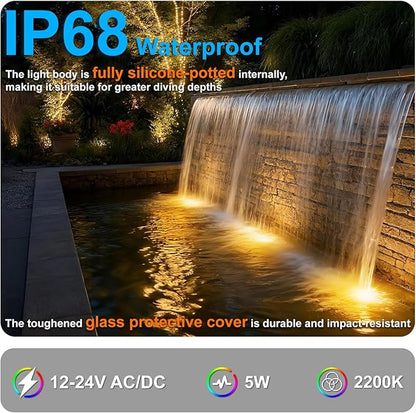Submersible LED Lights, 2200K Amber Warm White, 5W 12V-24V AC/DC LED Pond Spot Lights for Water Feature Fountain Waterfall Pool Aquascape, 45 Degree Angle, IP68, Stainless Steel, 1PK