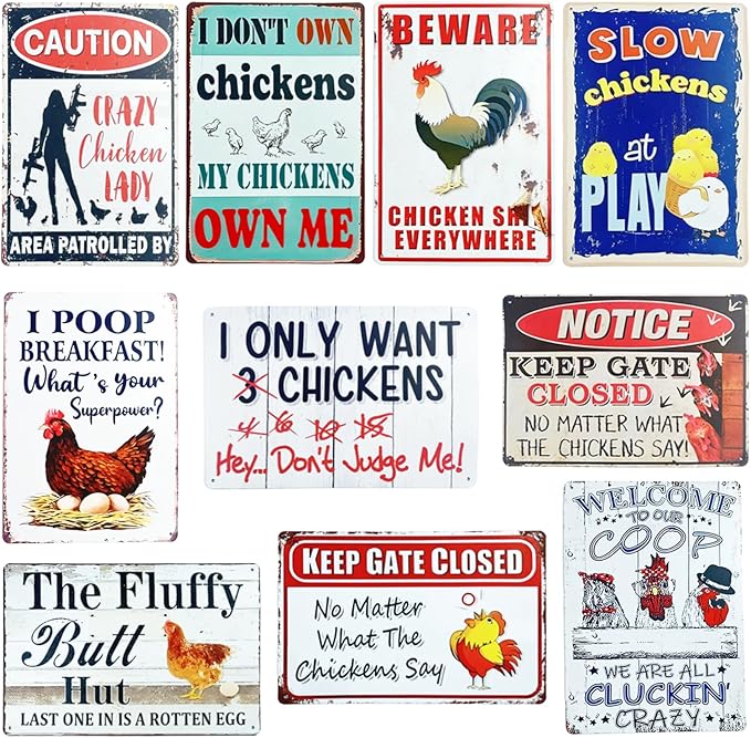 10 Pack Chicken Coop Signs,8 x 12 Inch Funny Metal Chicken Signs, for Home Kitchen Decor Chicken Lovers Gifts, chicken signs for coop funny outdoor