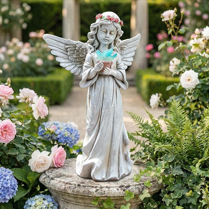 Angel Garden Statue Outdoor Decor, Angel Garden Figurine Hold Dove with Solar Lights Waterproof Resin Yard Art Decoration Lawn Ornament Sculpture for Outside Patio Yard Gift