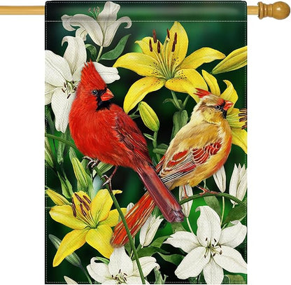 Furiaz Decorative Cardinal Flower Spring Summer Large House Flag Double Sided, Red Yellow Birds Home Lily Burlap Outside Garden Yard Decoration, Green Seasonal Outdoor Décor Flag 28 x 40
