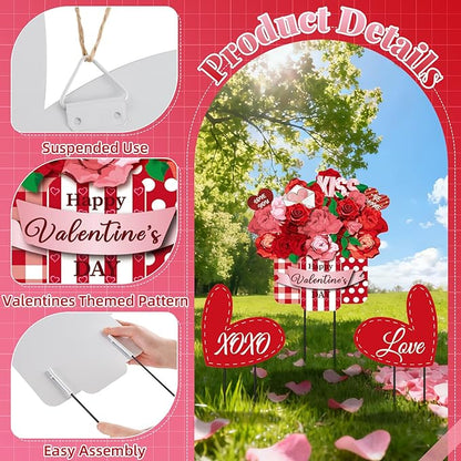 3 Pcs Valentines Metal Yard Signs and Hanging Wall Sign, Outdoor Valentines Metal Yard Stakes Heart Welcome Sign for Indoor Front Door Lawn Walkway Anniversary Wedding Party