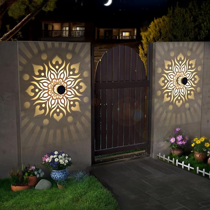 2 Pack Solar Fence Lights Metal Solar Powered Outdoor Wall Deck Step Lights Mandala Theme Waterproof Fence Light for Garden Post Patio Backyard Yard Decor, Gardening Gifts for Women Mom Grandma