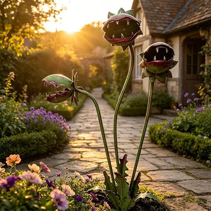 Whimsical Metal Carnivorous Plant Garden Stake, Whimsical Garden Decor, Three Dramatic Open-Mouth Blooms, Yard Art for Flower Beds, Patios & Planters, Unique Quirky