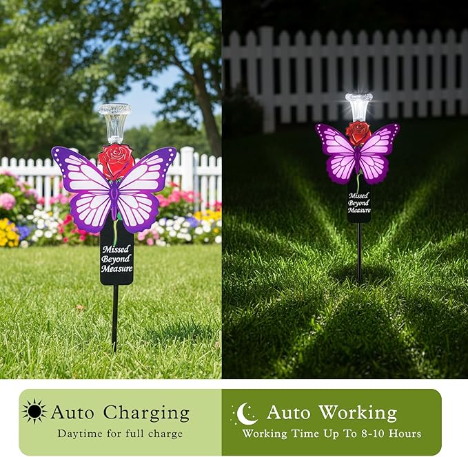 Solar Purple Butterfly Memorial Stake - Missed Beyond Measure Engraved Metal Grave Decorations, Sympathy Gifts for Loss of Sister Daughter Mom (Butterfly)