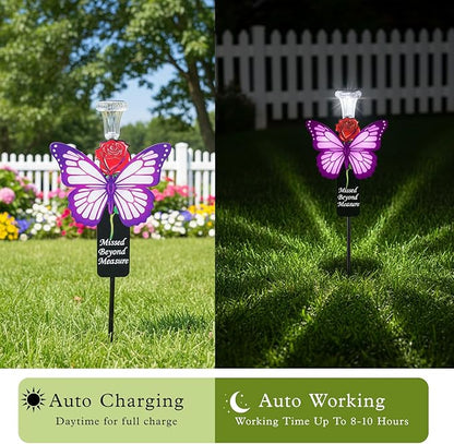 Solar Purple Butterfly Memorial Stake - Missed Beyond Measure Engraved Metal Grave Decorations, Sympathy Gifts for Loss of Sister Daughter Mom (Butterfly)
